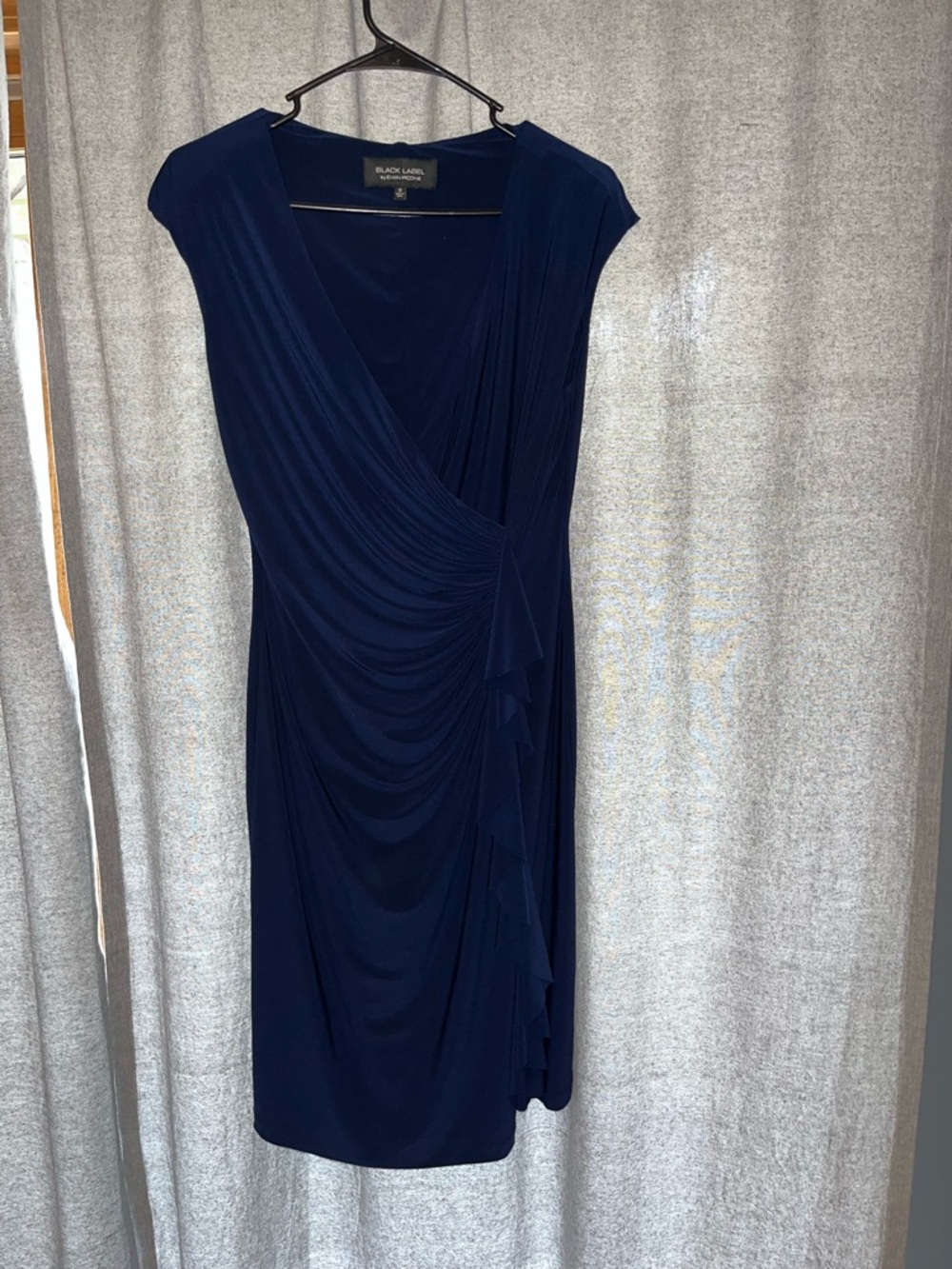 Evan Picone Navy Ruched Faux-Wrap Midi Dress